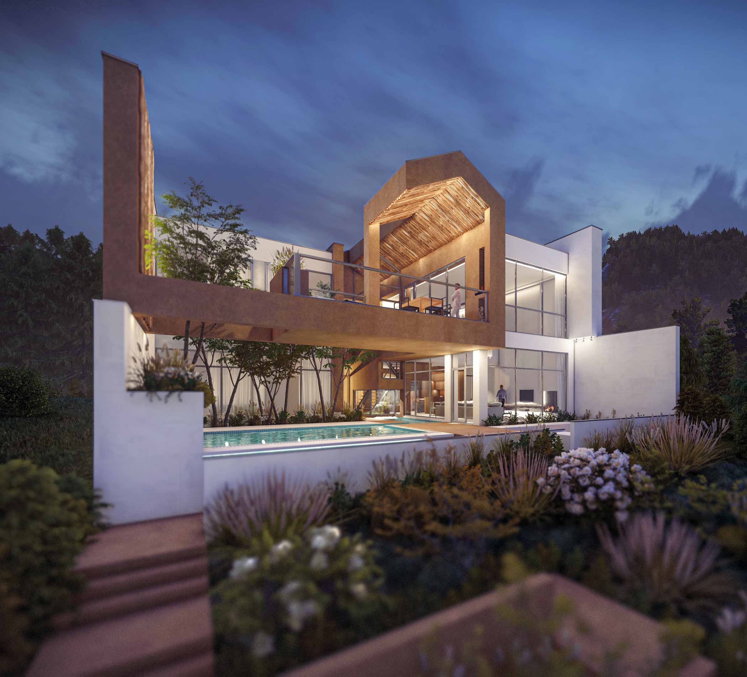 eastern facade, night, villa in Joukoulbandan